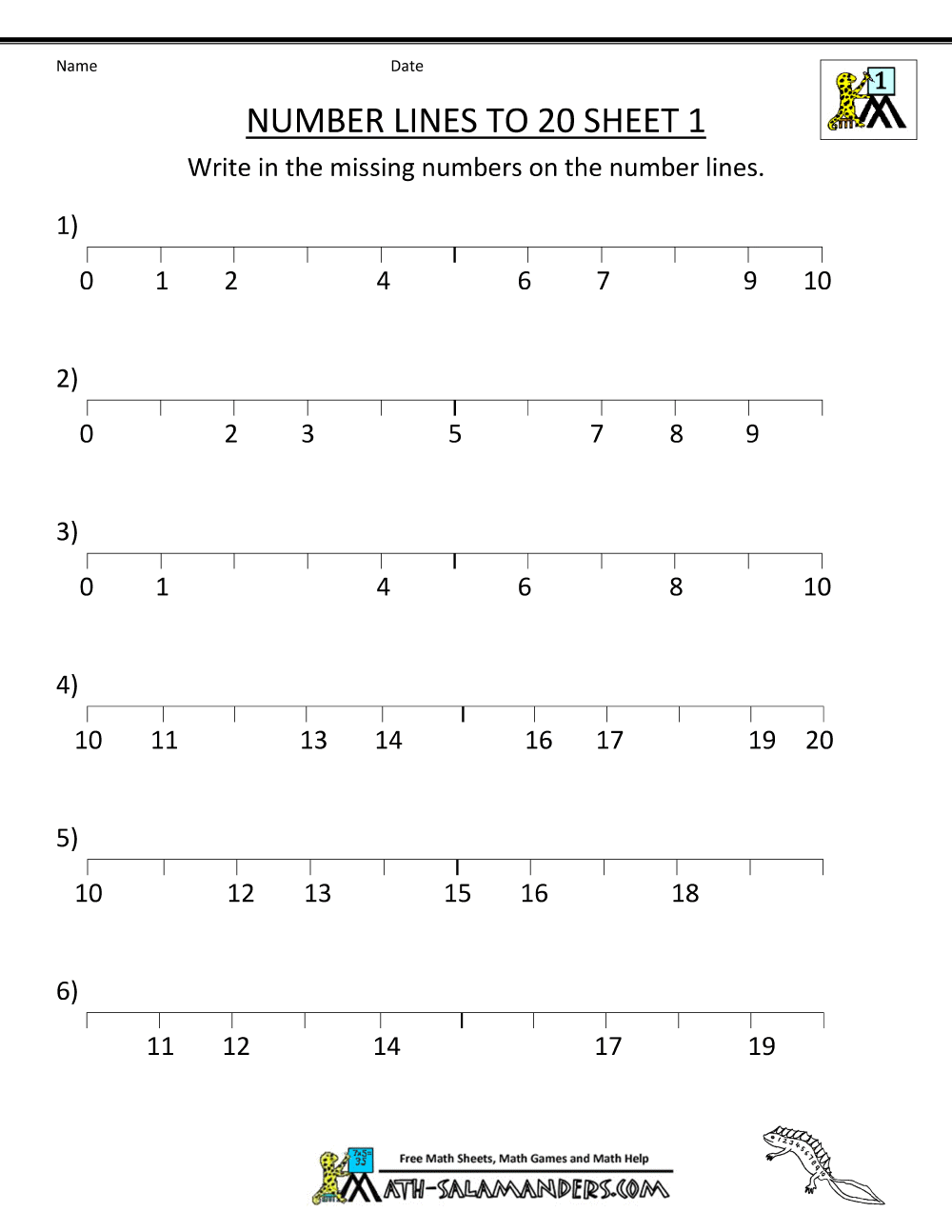 90 Free Printable Number Line 1-20 20